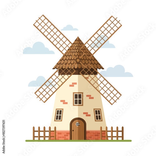 Classic european windmill with spinning vanes, a quaint historic structure, featuring a charming wooden fence and fluffy clouds, rendered in a clean and modern flat design vector graphic.