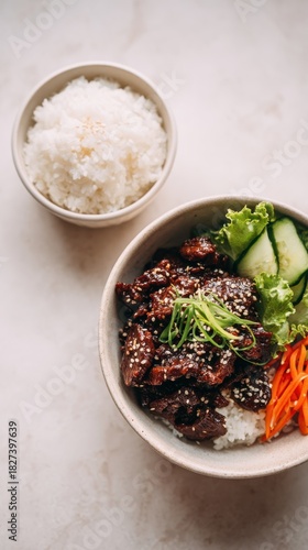 Savory Bulgogi Beef Bowl With Fresh Greens And Steamed Rice Overhead Shot