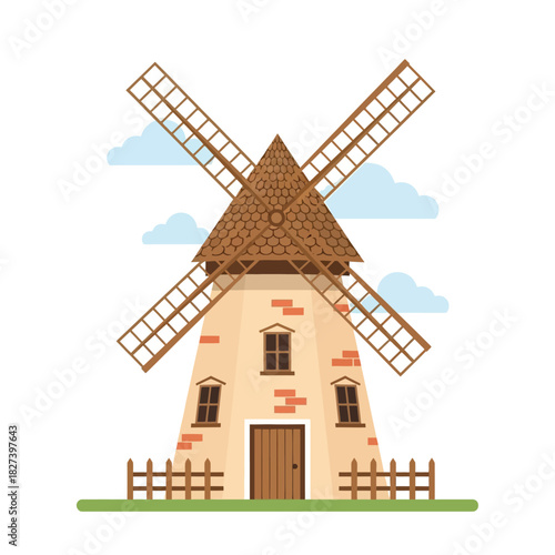 Traditional dutch style windmill vector illustration with rotating sails, a rustic wooden fence, and scattered clouds on a clear sky background, depicting rural landscape architecture element