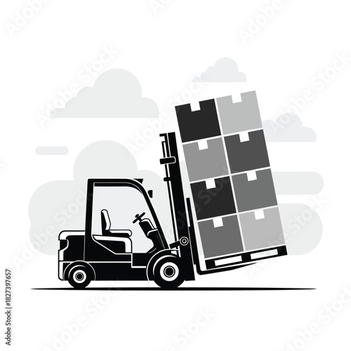 Forklift truck with raised forks carrying stacked cartons on a wooden pallet, symbolizing warehouse logistics, shipping, delivery, and industrial supply chain operations.