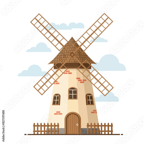 Traditional dutch windmill illustration with rotating sails standing tall against a sky with soft clouds, featuring classic european architecture and a rustic fence.