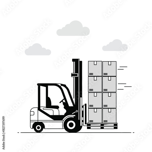 Forklift truck with a pallet of stacked cardboard boxes in motion, representing global shipping, warehouse logistics, and delivery services in a clean, minimalist flat illustration style.