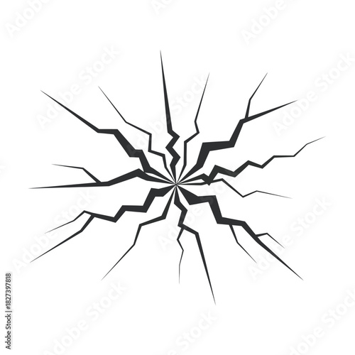 Stylized graphic illustration of an intricate network of dark, sharp cracks radiating outwards from a central impact point, simulating a broken surface or damaged structure effect.