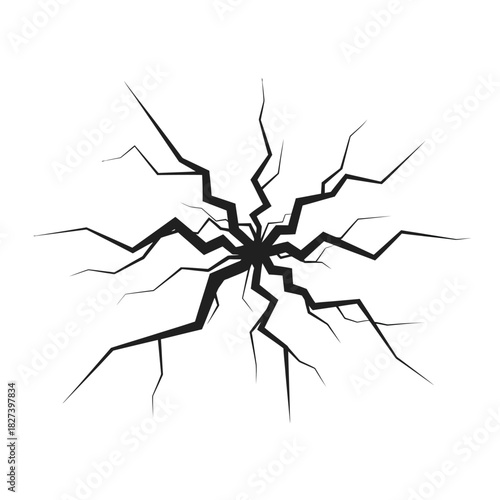 Radial crack pattern vector illustration, depicting severe surface damage from a central impact point, ideal for warning signs, destruction themes, or powerful energy bursts