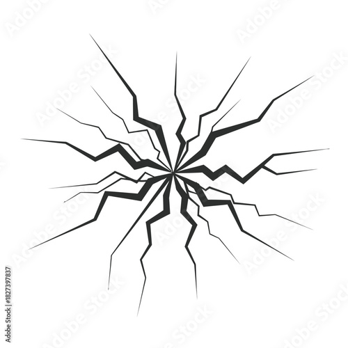 Vector illustration of a dramatic crack pattern radiating from a central impact point, symbolizing damage, stress, brokenness, destruction, and crisis on a clean white background.