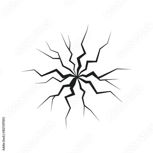 Realistic black spider web-like cracks spreading from a central impact point on a clean, isolated white background, symbolizing destruction, damage, crisis, stress, or breakthrough.