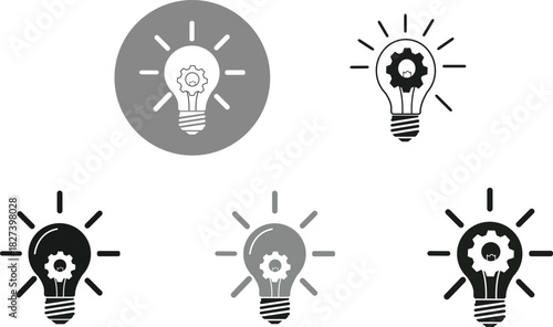 Set of light bulb icons with gear inside representing idea innovation and mechanism