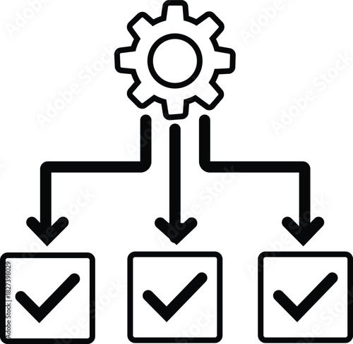 Process flow diagram with gear icon distributing tasks to checklist items