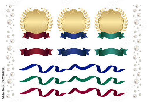 ウェーブのかかった金メダルと月桂樹を組み合わせたフレームのセット＆紺・深紅・深緑の波打つサテンリボンの素材セット