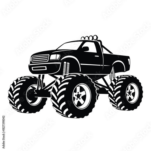 Monster truck vector illustration in black and white, featuring a powerful off-road vehicle with massive wheels and lifted suspension, ideal for extreme sports, heavy-duty themes, and design projects.