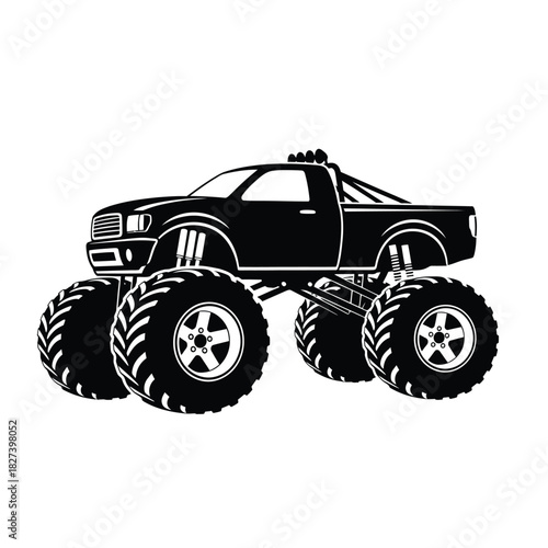 Monster truck vector illustration with huge tires and high suspension, powerful off-road vehicle design graphic art, extreme motorsport event icon, isolated on transparent background, side view
