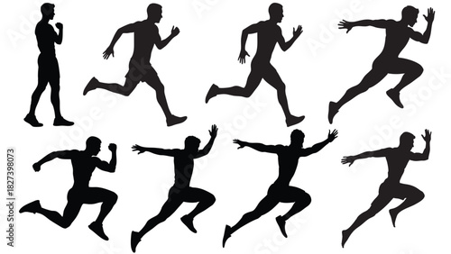 Dynamic male runner silhouette set showcasing various running phases, from starting position to full stride, ideal for sports, fitness, and motion graphics design.