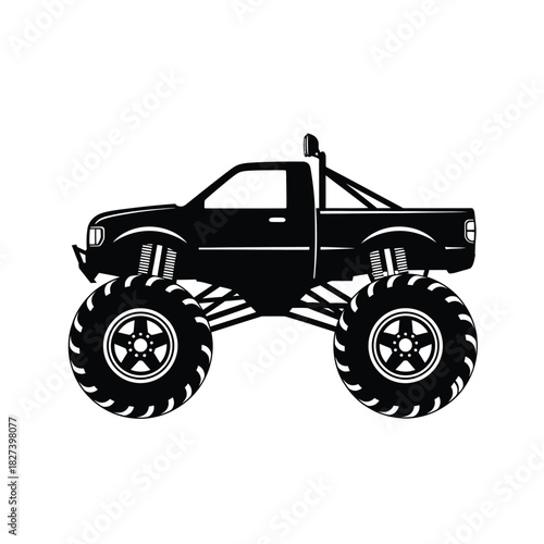 Monochrome monster truck side profile illustration capturing extreme off-road power, a rugged heavy-duty vehicle designed for challenging terrains and adventurous racing events