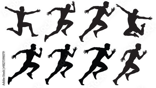 Set of black silhouette male runners and jumpers, showcasing dynamic athletic motion and physical activity on a clean background, ideal for sports design projects.