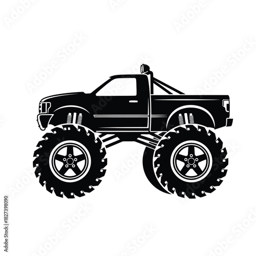 Monster truck icon vector graphic illustration of a heavy-duty pickup vehicle with large tires and raised suspension for off-road racing and extreme sports events