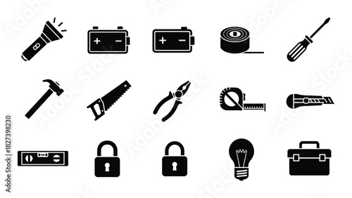 Construction and diy tool silhouettes icon set isolated on white background, Vector