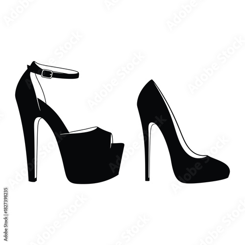 Stylized vector of black high heels: a classic closed-toe stiletto pump and a modern open-toe platform heel with ankle strap, great for fashion design concepts.