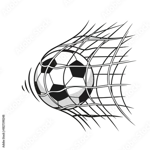 Soccer ball scoring a goal in a net, dynamic illustration capturing the exciting moment of triumph and victory in a football match, symbolizing achievement and sporting success.