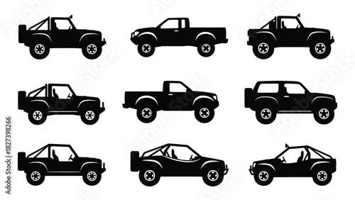 Off-road vehicle and truck silhouettes isolated on white background, Vector
