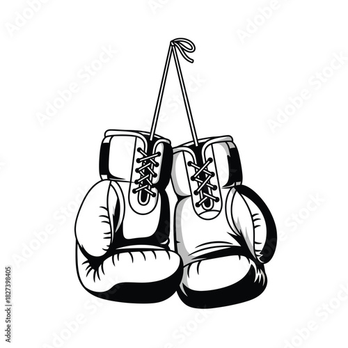 Hanging boxing gloves black and white vector illustration for sport, fitness, combat, and competition concepts, symbolizing strength, training, and the spirit of challenge and victory.