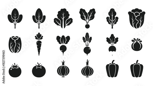 Assorted vegetable silhouettes icon set isolated on white background, Vector