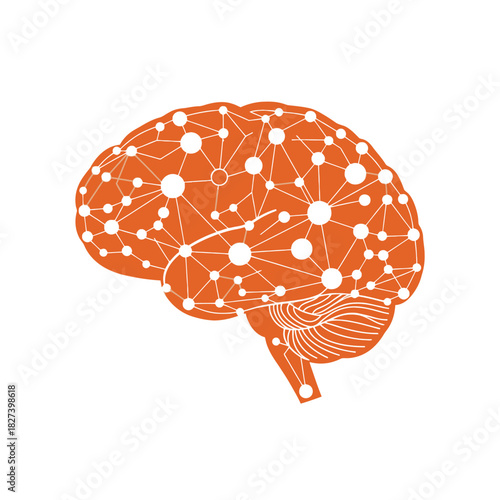 Abstract orange brain graphic with intricate network of dots and lines, symbolizing neural pathways, artificial intelligence, cognitive functions, learning, data processing, and innovation.