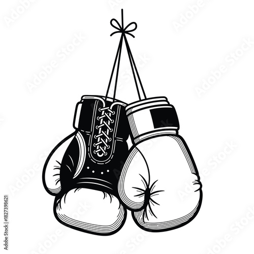 Hanging pair of classic boxing gloves, monochrome vector illustration. outline design depicting vintage sport equipment for combat, fitness, training, strength, and competition, isolated.