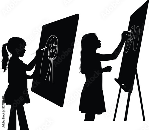 Girl's Artistic World Silhouette Illustration of Children Drawing on Canvases