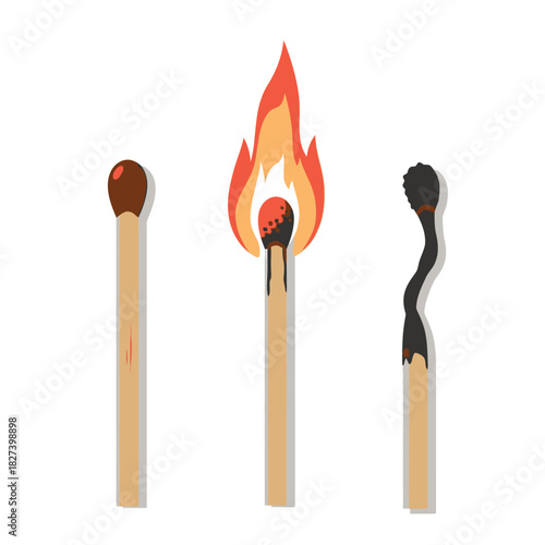 Unlit, burning, and burnt matchsticks illustration showcasing the lifecycle of a single match. a visual representation of stages from new to consumed, symbolizing progression and ending.
