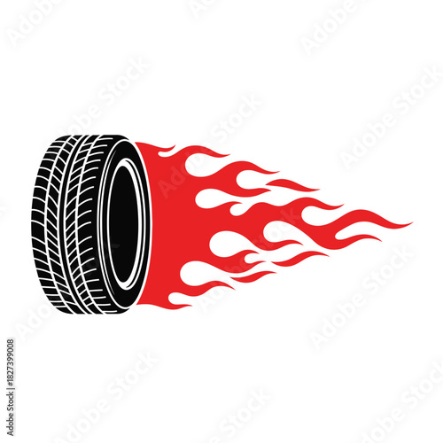 Flaming racing car tire illustration with dynamic red fire trails, symbolizing speed, power, and extreme performance, perfect for automotive, sports, and energy-related designs.