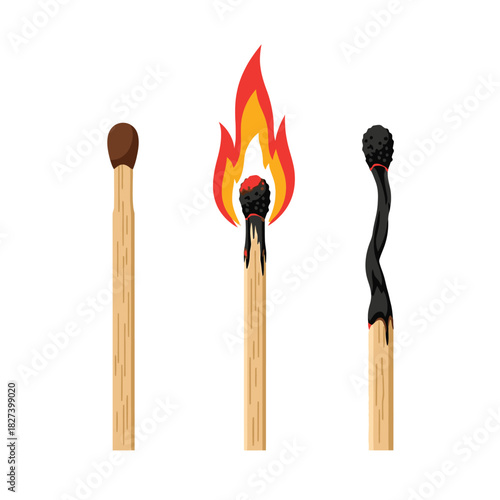 Matchstick evolution: new, burning, and burnt matchsticks showcasing ignition, combustion, and the final extinguished state, representing life stages and transformation.