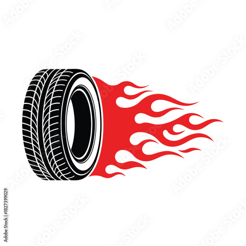 Stylized illustration of a powerful automotive tire with bold red flames trailing behind, symbolizing speed, high performance, and intense motion in racing and vehicle design.