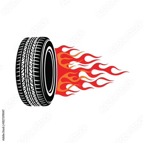 Speeding tire vector illustration with vibrant red and orange flames trailing, symbolizing rapid acceleration, power, and high-performance automotive themes on a crisp white backdrop.