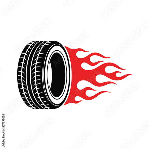 Automotive performance logo depicting a fast moving car tire with dynamic red flames, symbolizing speed, power, and acceleration in racing and hot rod culture, vector illustration icon.
