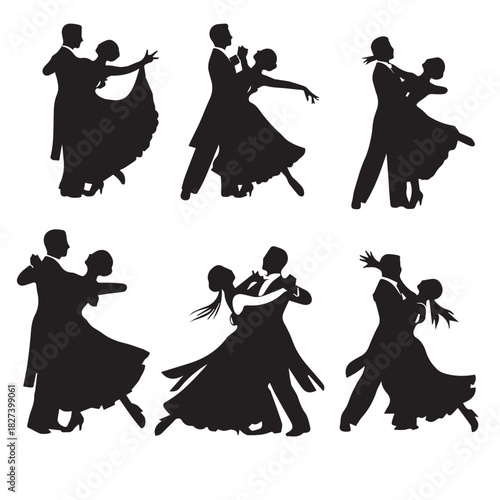 A collection of elegant black silhouettes of couples ballroom dancing in various classic poses