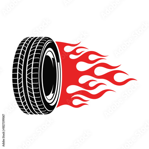 Stylized racing tire graphic with fiery red flames speeding across a white background, symbolizing velocity, power, and high performance in automotive and hot rod designs.