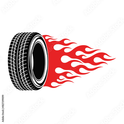 Dynamic automotive racing tire with vivid red flames vector illustration, representing speed, power, and high performance for car enthusiasts, mechanics, and custom vehicle designs.
