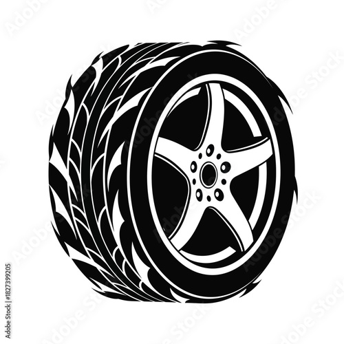 Stylized black and white vector illustration of a dynamic car wheel with an aggressive tire tread pattern and a sleek five-spoke rim, conveying speed, power, and automotive performance.