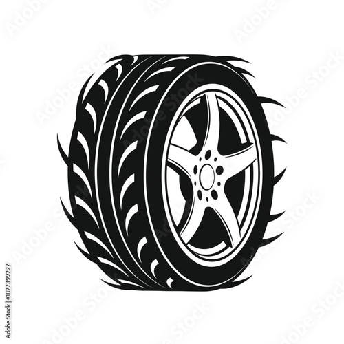 Black and white stylized graphic illustration of a dynamic car tire with intricate tread patterns and an alloy wheel, representing speed, automotive performance, and vehicle movement concept.