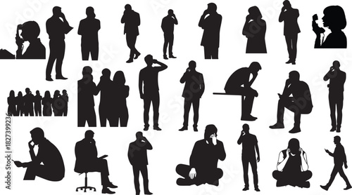 Collection of Silhouettes of People Engaged in Various Activities, Primarily Phone Calls and Sitting Poses