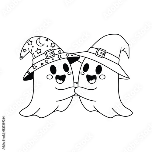 Cute cartoon ghost friends wearing witch hats with stars and moon, happy kawaii characters for halloween celebration, coloring book page design, isolated vector illustration