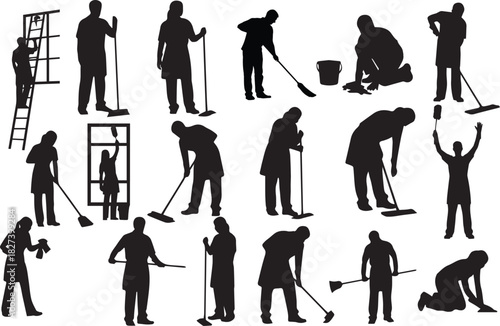 Diverse Cleaning Staff Silhouettes Vectors of Janitorial Workers in Action