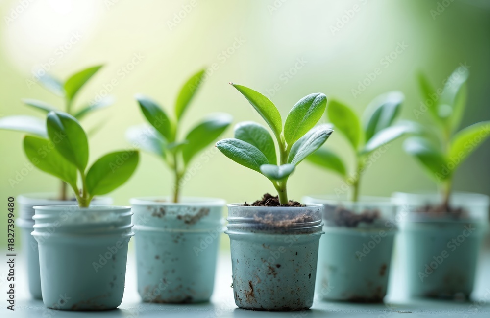 Obraz premium Small green plants sprout from soil in recycled plastic bottles. Seedlings grow indoors on a windowsill, promoting eco-friendly home gardening and sustainable living practices.
