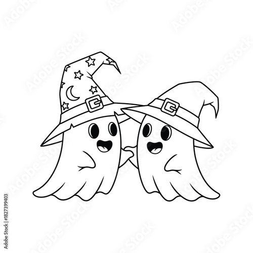 Cute cartoon outline of two friendly halloween ghosts wearing witch hats with stars and moon on a white background, perfect for spooky season designs, coloring books, and holiday celebrations