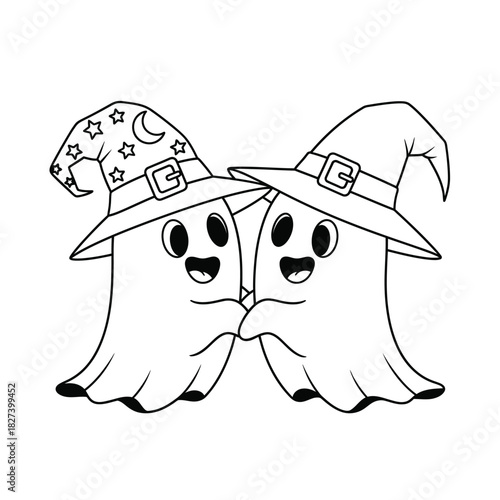 Two cute cartoon ghosts wearing witch hats, one adorned with stars and a crescent moon, standing happily together, perfect for halloween, spooky celebrations, and magical themes