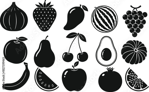 Diverse Collection of Vector Fruit Silhouettes Essential Graphic Elements for Healthy Eating Concepts and Modern Design Projects, Featuring a Variety of Fresh Produce