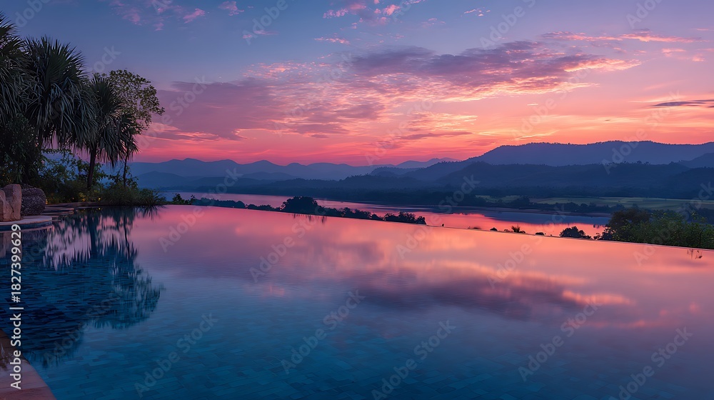 Fototapeta premium Infinity Pool at Dusk Reflecting Pink Sky and Distant Mountains