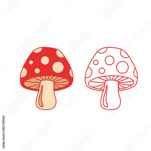 Stylized fly agaric mushroom, with a red spotted cap and beige stem, next to a black outline version, great for kids' projects, nature themes, coloring, and educational materials.