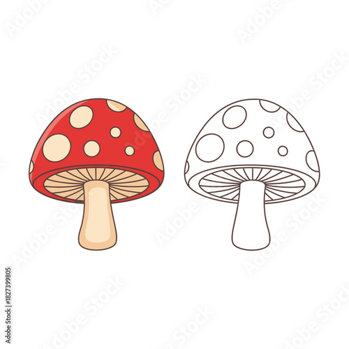 Cartoon red mushroom with white spots illustration and black outline version. whimsical toadstool drawing for coloring books, kids crafts, and fantasy themes.