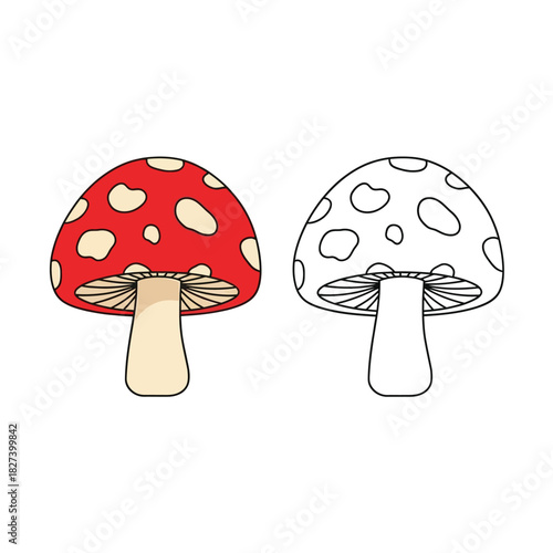 Stylized red and white spotted toadstool next to its black outline version, featuring a charming fairytale mushroom illustration for children's books, games, or educational materials.